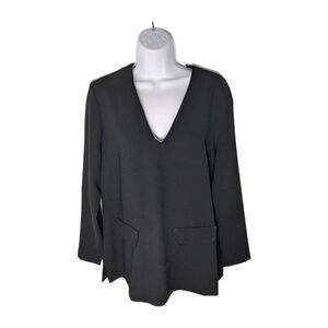 Zara Woman Sleek Deep V Neck  Tunic Blouse Sz L Black 3/4 Sleeve Roomy Holiday